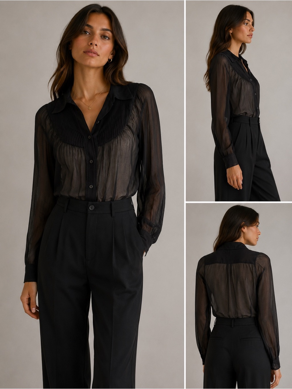 Vintage Prada Sheer Black Pintuck Yoke Button-Down Blouse IT 40